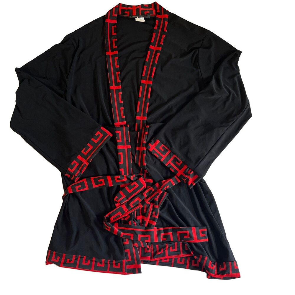 90s Touch Me USA Kimono Robe Size L Black Red Geometric Greek Key Loungewear